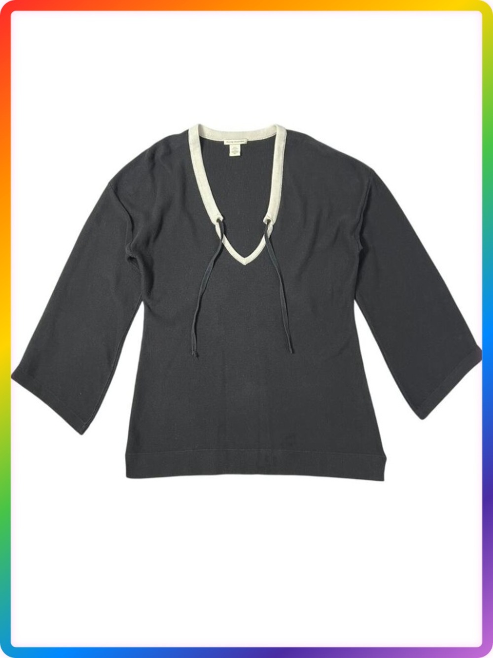 White + Warren Black Cotton V Neck Tunic Sweater SIZE M Cream Trim Drawcord
